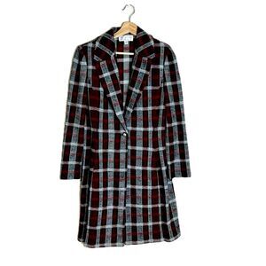 St. John ladies plaid tweed button up long blazer coat size 8